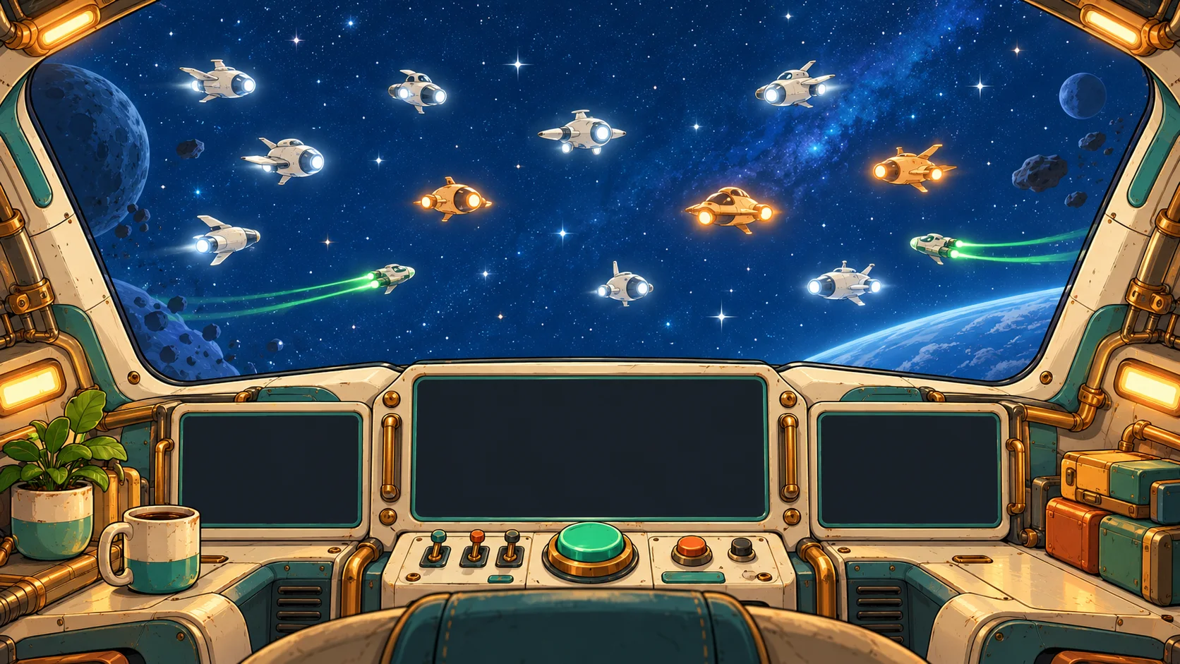 View from a spaceship cockpit: small ships fly past the windshield, some glowing amber; the console screens show the Pegas agent tree, its inbox and a question from an agent.