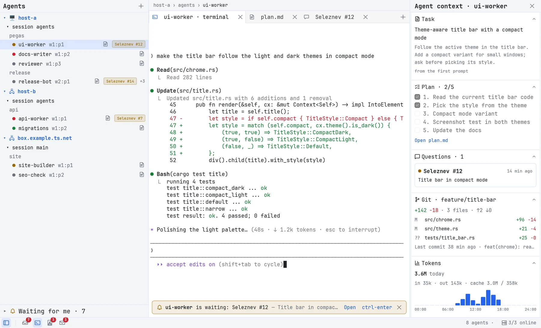 Pegas Workshop: a tree of agents on three machines, an agent terminal, and the agent's task, plan and git status.